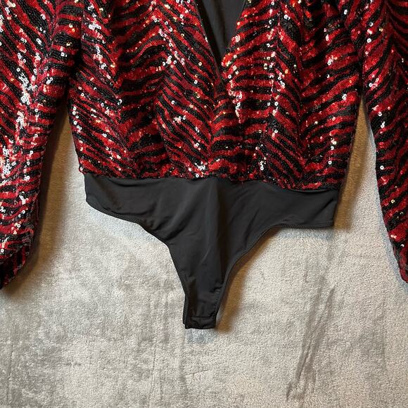 NBD Rochelle Size Medium Bodysuit in Red & Black‎ Long Sleeve - Picture 7 of 7